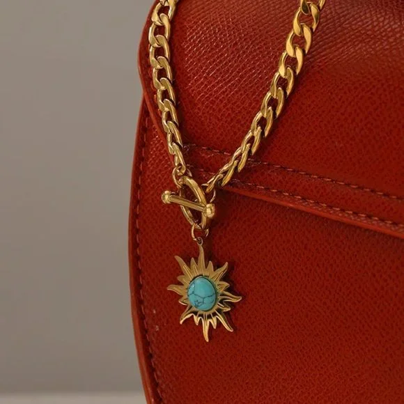 NEW 18K Gold Plated Turquoise Sun Circle Toggle Bar Link Chain Necklace - Picture 7 of 8